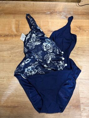 Vintage Slim Allure Navy Floral Wrap Button One-Piece Swimsuit